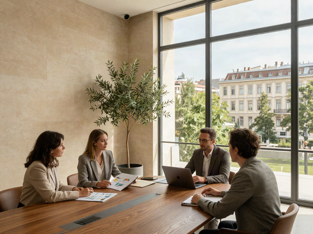 Consultants discussing business strategy around a sunlit boardroom table