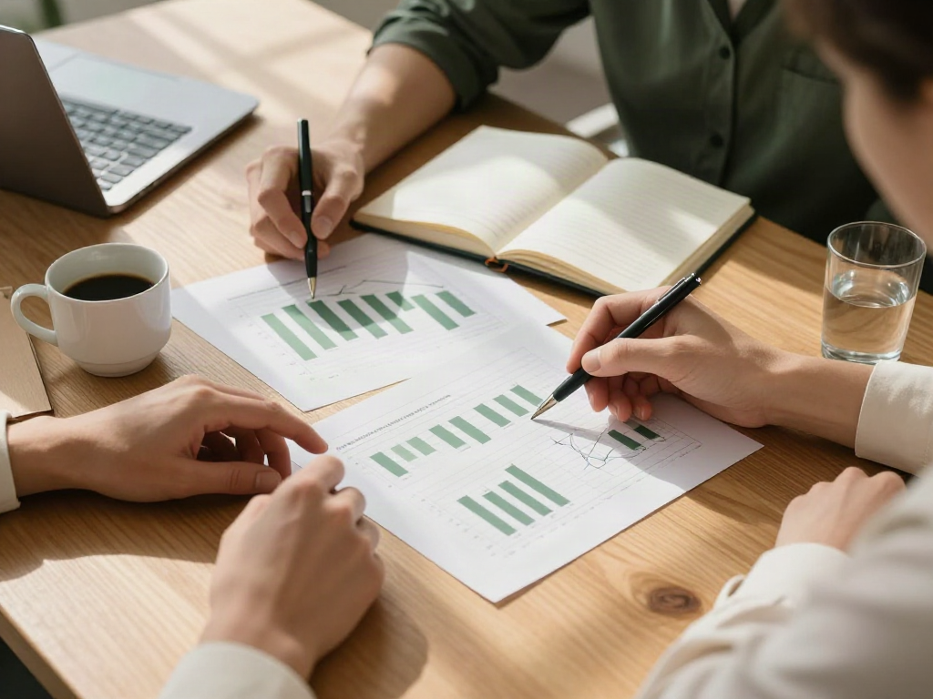 A collaborative review of business analytics, printed charts, and strategic notes